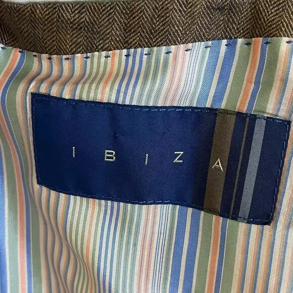 Ibiza Mens Blazer Size‎ 46L Tan Blue Herringbone 100% Linen 2 Button Sport Coat